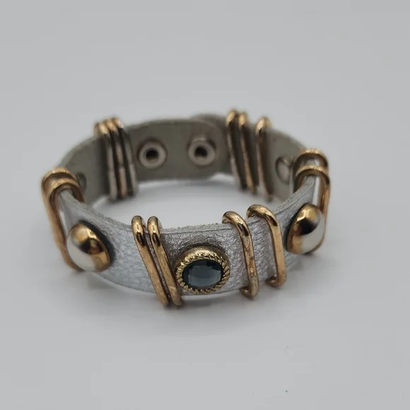 Leather Snap Gold and Silver Bracelet - Picture 10 of 15